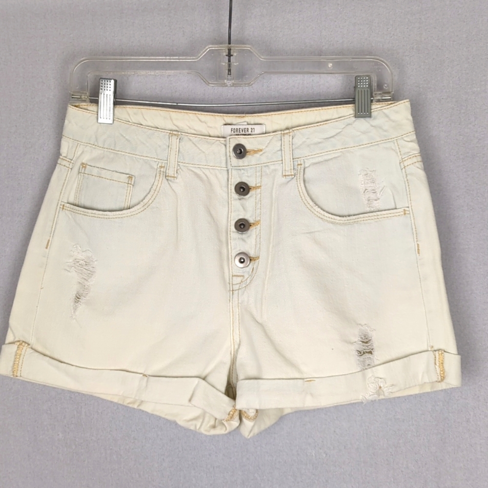 F21 LA Women's Bleach White Distressed Roll Cuff Denim Shorts